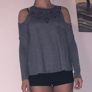 Hollister Grey Open Shoulder Embellished Top